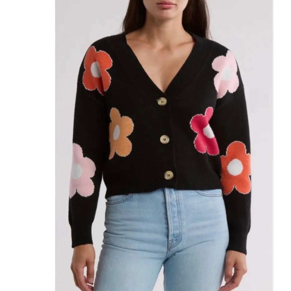 Industry Republic of Clothing Floral Cardigan Sweater Black Pink Orange Large